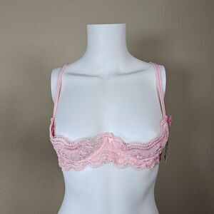 Be Wicked Pink Underwire Scalloped Lace Shelf Bra Open Cup Cupless Size 36C / L